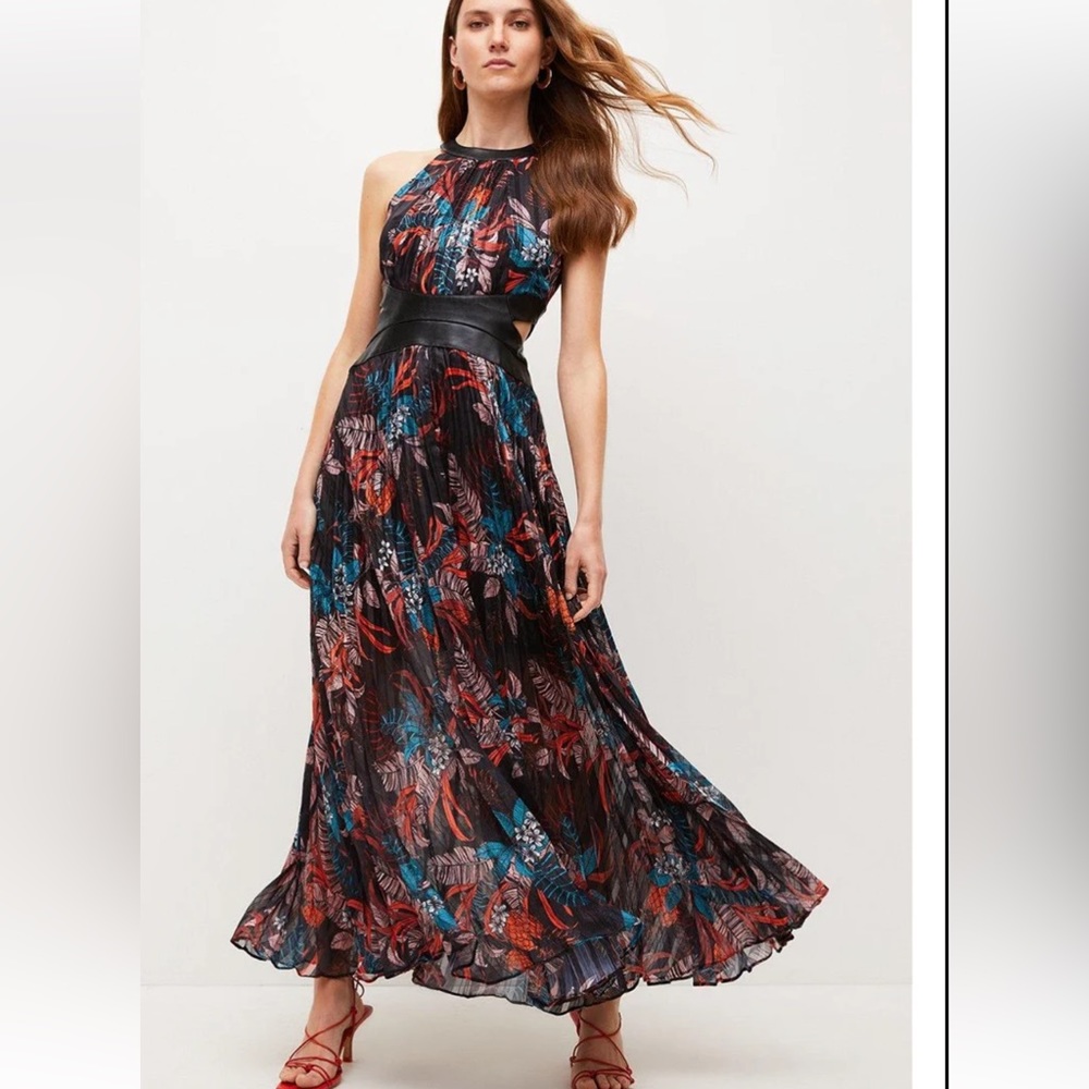 Karen Millen Midnight Palm Printed Pu Woven Maxi Dress with Leather Cutouts